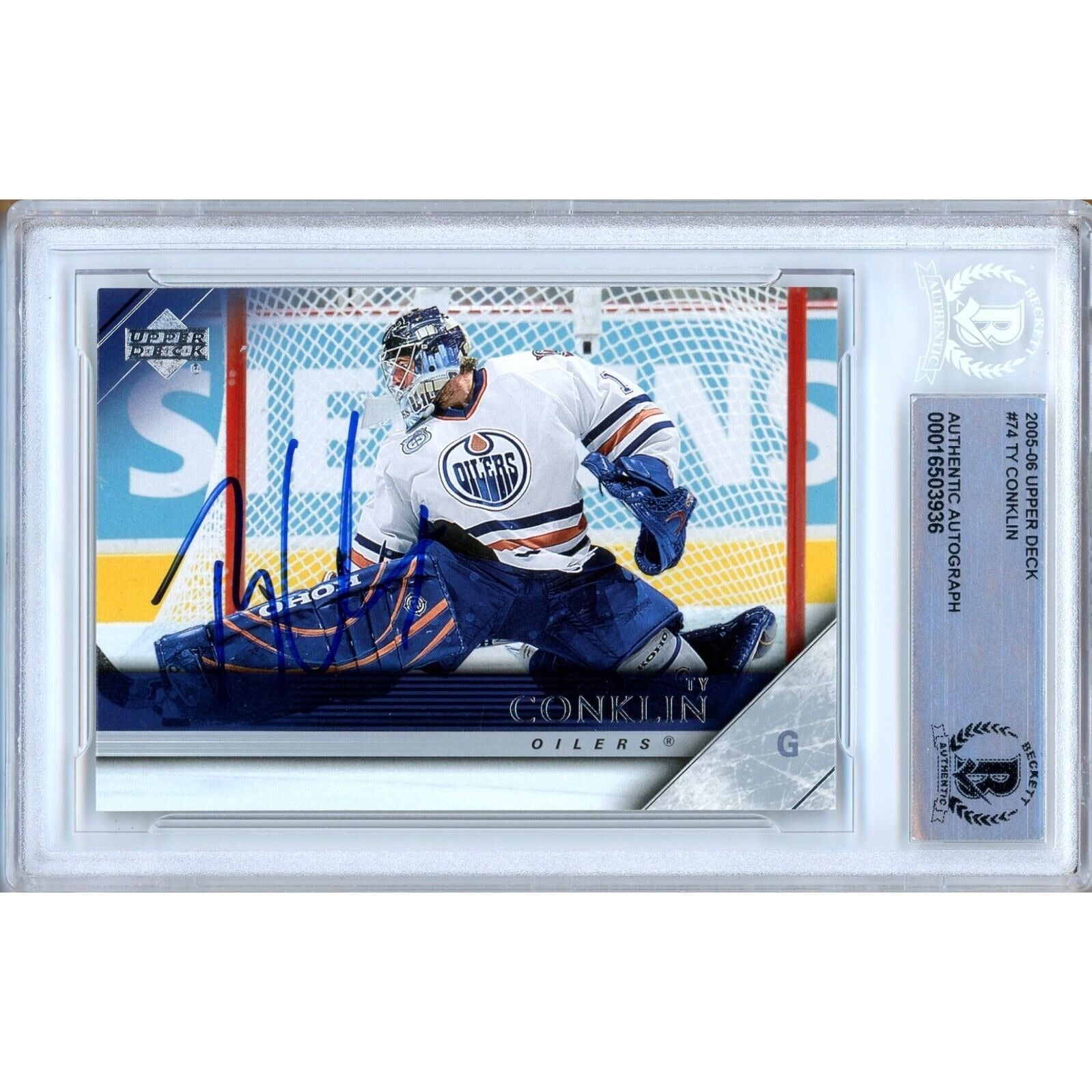 Ty Conklin Edmonton Oilers autographed trading card – full view – Beckett COA