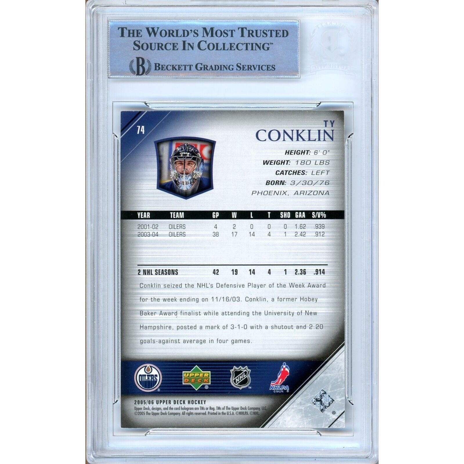 Hockey- Autographed- Ty Conklin Edmonton Oilers Signed 2005-06 Upper Deck Trading Card Beckett Authentic Auto Slab Back