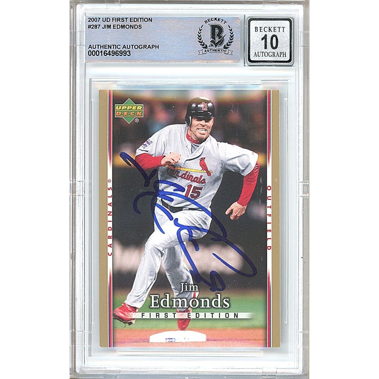 Baseballs- Autographed- Jim Edmonds St Louis Cardinals Signed 2007 Upper Deck First Edition Baseball Card Beckett Authentic BGS Auto-10 Graded Slab Front