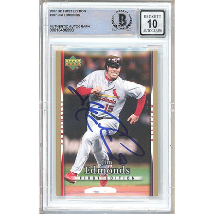 Baseballs- Autographed- Jim Edmonds St Louis Cardinals Signed 2007 Upper Deck First Edition Baseball Card Beckett Authentic BGS Auto-10 Graded Slab Front