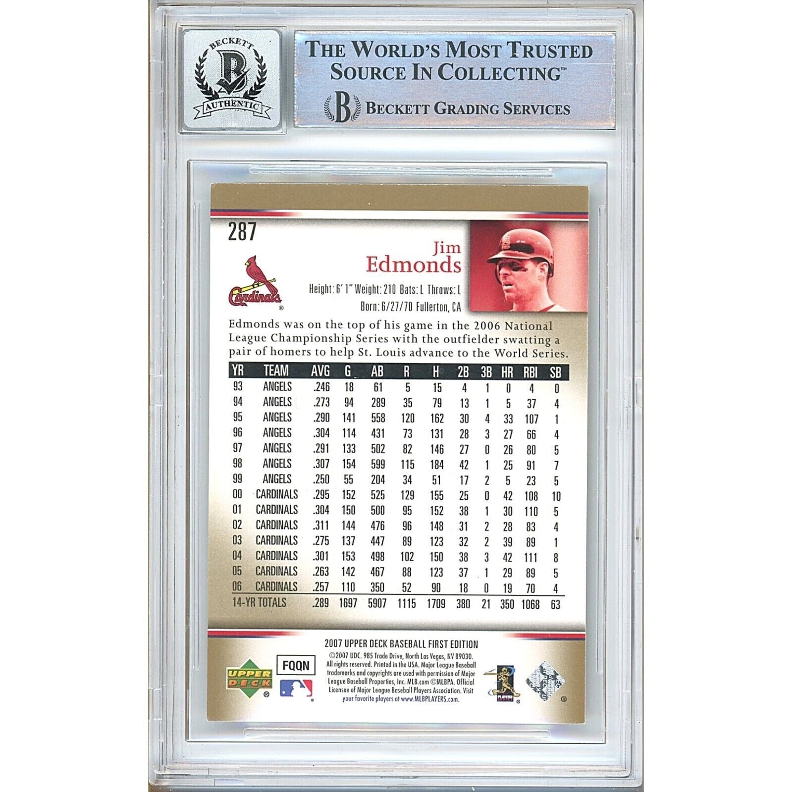 Baseballs- Autographed- Jim Edmonds St Louis Cardinals Signed 2007 Upper Deck First Edition Baseball Card Beckett Authentic BGS Auto-10 Graded Slab Back