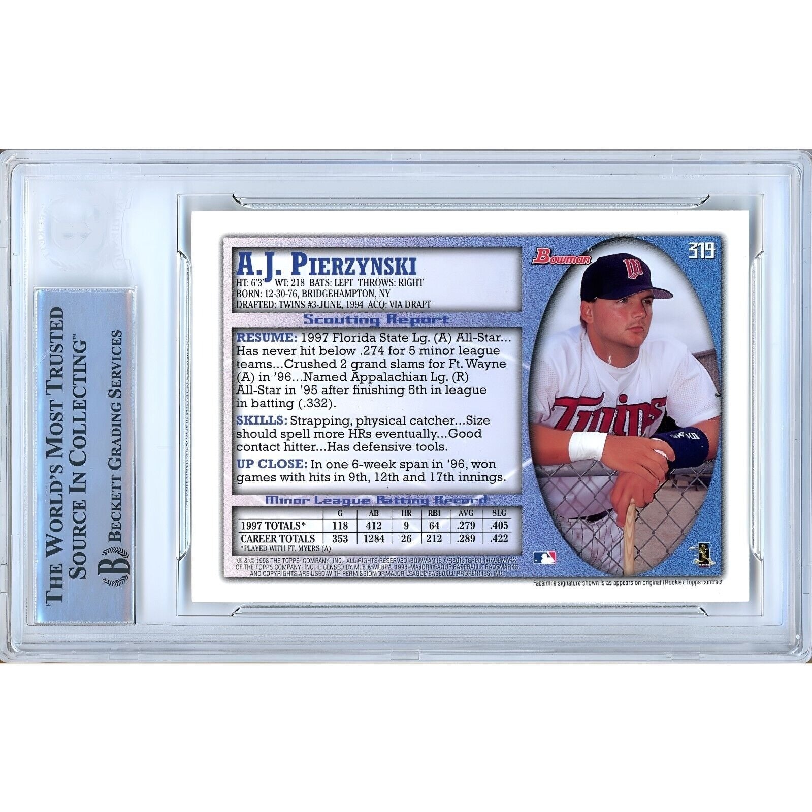 1998 Bowman #319 AJ Pierzynski Minnesota Twins Signed Trading Card – Beckett BAS