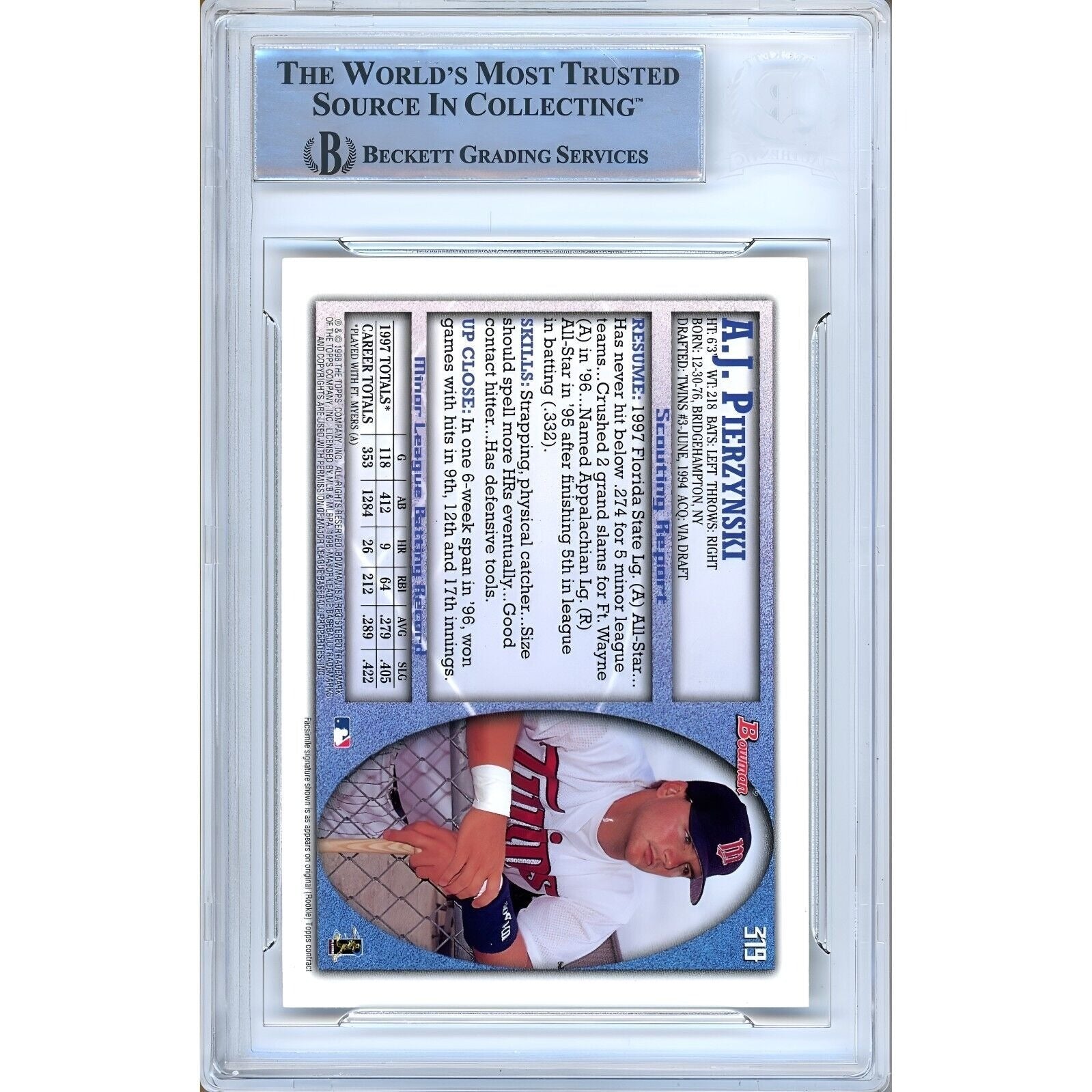 Baseballs- Autographed- AJ Pierzynski Minnesota Twins Signed 1998 Bowman Baseball Card Beckett Authenticated Auto Slab Back