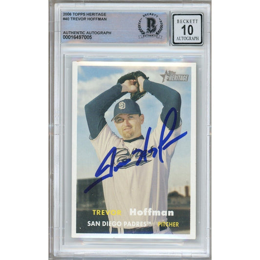 Baseballs- Autographed- Trevor Hoffman San Diego Padres Signed 2006 Topps Heritage Trading Card Beckett Authentic BGS Auto-10 Graded Slab Front