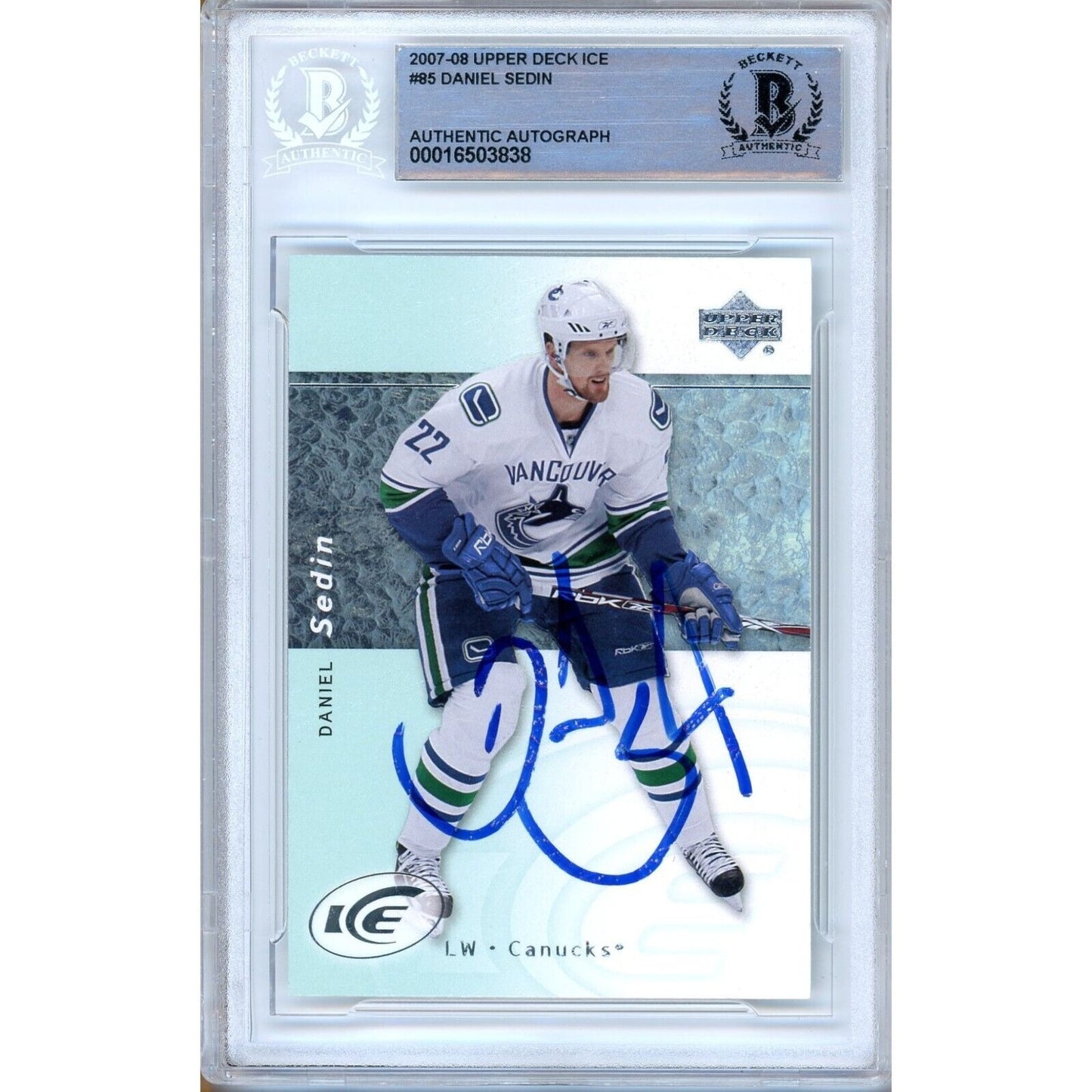 Hockey- Autographed- Daniel Sedin Vancouver Canucks Signed 2007-08 Upper Deck Ice Hockey Card Beckett Authentic Auto Slab Front