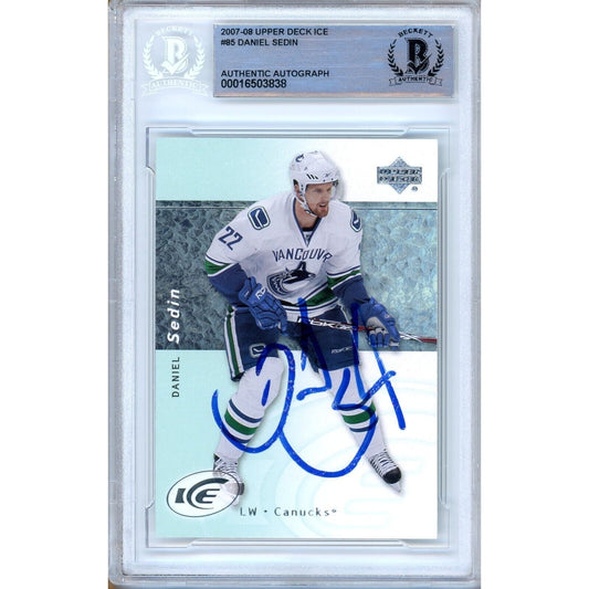 Hockey- Autographed- Daniel Sedin Vancouver Canucks Signed 2007-08 Upper Deck Ice Hockey Card Beckett Authentic Auto Slab Front