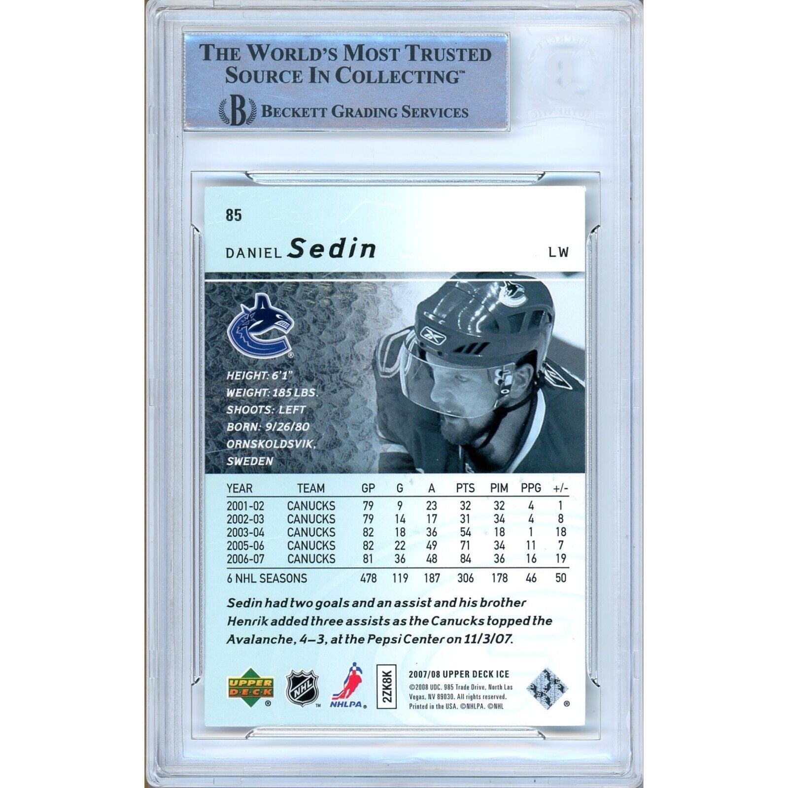 Hockey- Autographed- Daniel Sedin Vancouver Canucks Signed 2007-08 Upper Deck Ice Hockey Card Beckett Authentic Auto Slab Back