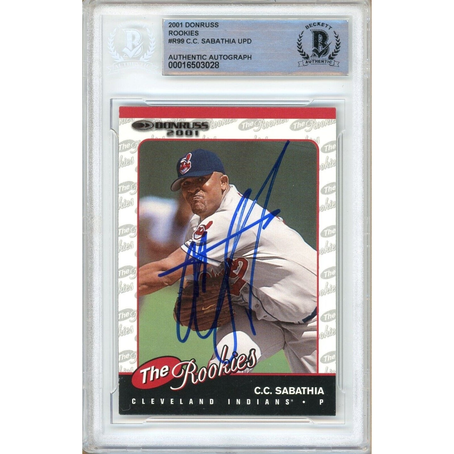 Baseballs- Autographed- CC Sabathia Cleveland Guardians Signed 2001 Donruss The Rookies Baseball Card Beckett Authentic Auto Slab Front