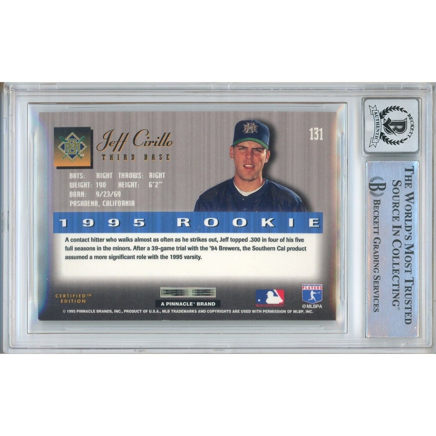 Baseballs- Autographed- Jeff Cirillo Milwaukee Brewers Signed 1995 Select Certified Baseball Card Beckett Authentic BGS Auto-10 Graded Slab Back