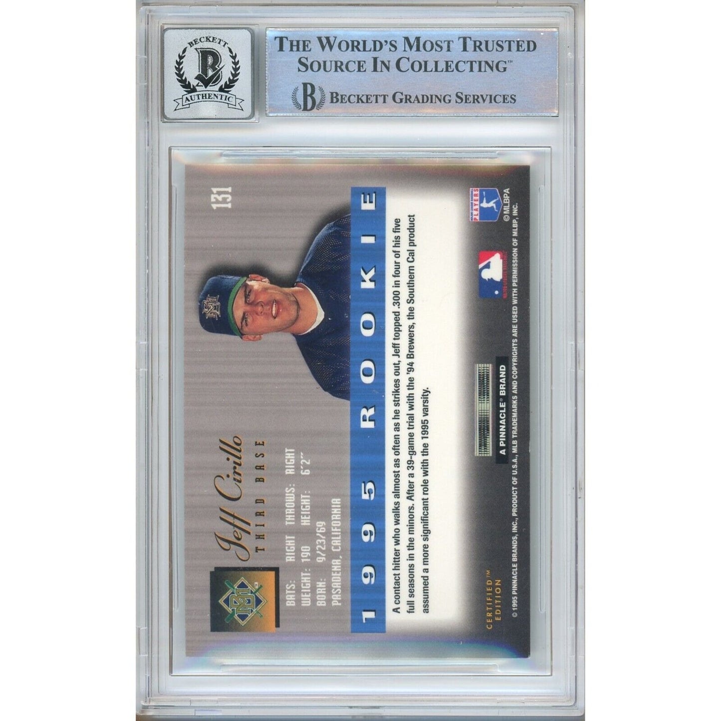 Baseballs- Autographed- Jeff Cirillo Milwaukee Brewers Signed 1995 Select Certified Baseball Card Beckett Authenticated BGS Auto-10 Graded Slab Back