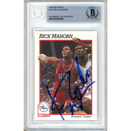 Basketballs- Autographed- Rick Mahorn Philadelphia 76ers Signed 1991-92 NBA Hoops Trading Card Sixers Beckett Authentic Auto Slab Front