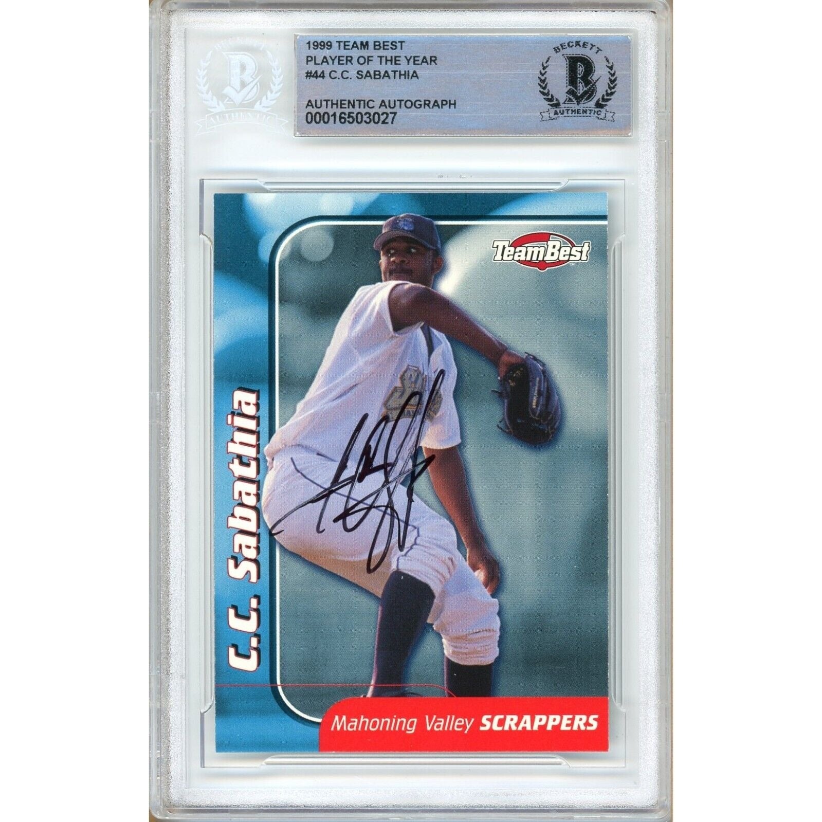 Baseballs- Autographed- CC Sabathia New York Yankees Signed 1999 Team Best Player of the Year Rookie Baseball Card Beckett Authentic Auto Slab Front