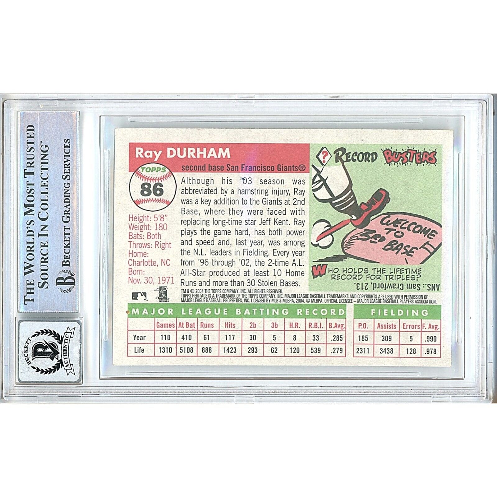 Ray Durham San Francisco Giants auto trading card – authentication sticker – Beckett COA