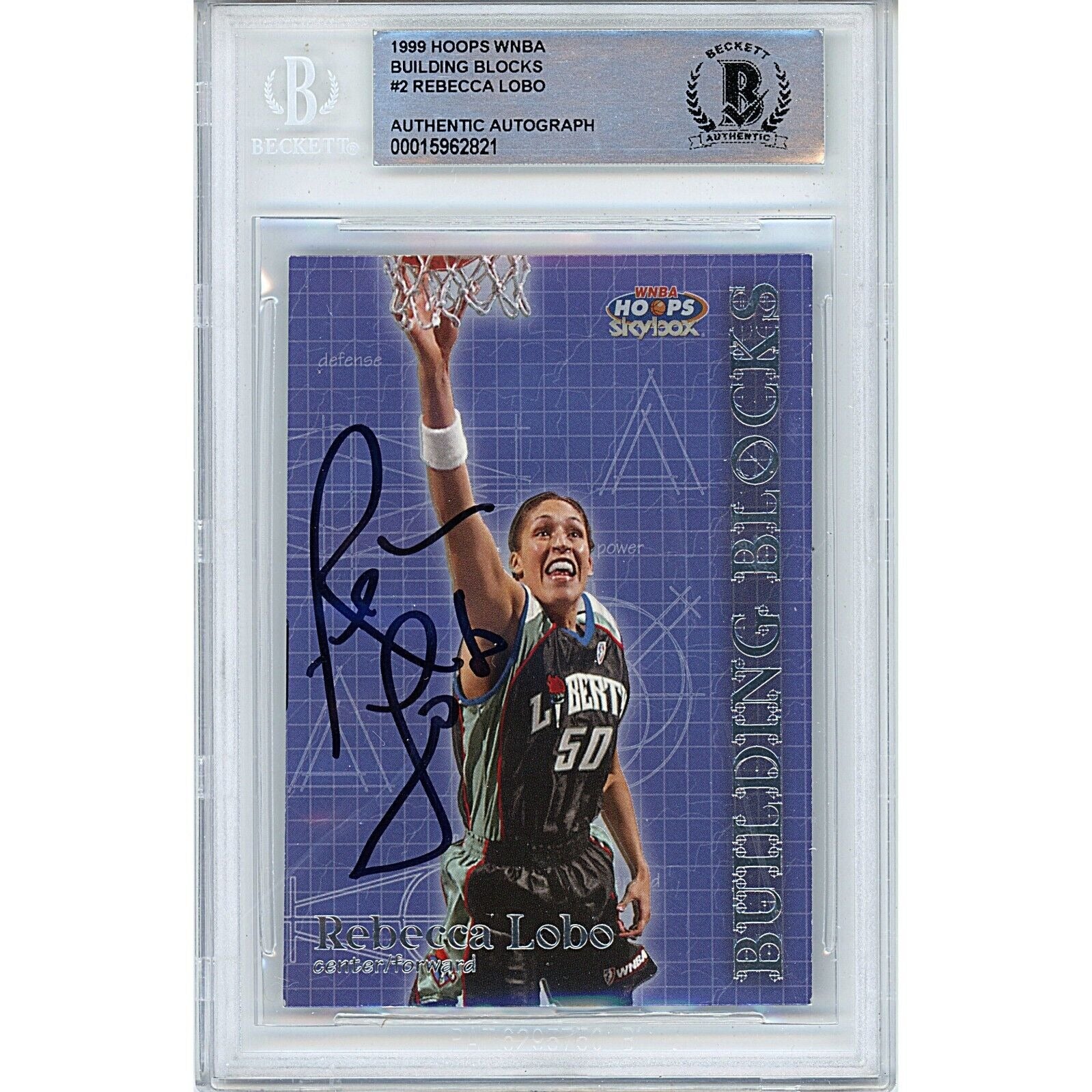 Basketball- Autographed- Rebecca Lobo New York Liberty Signed 1999 Hoops WNBA Building Blocks Trading Card Beckett Authentic Auto Slab Front