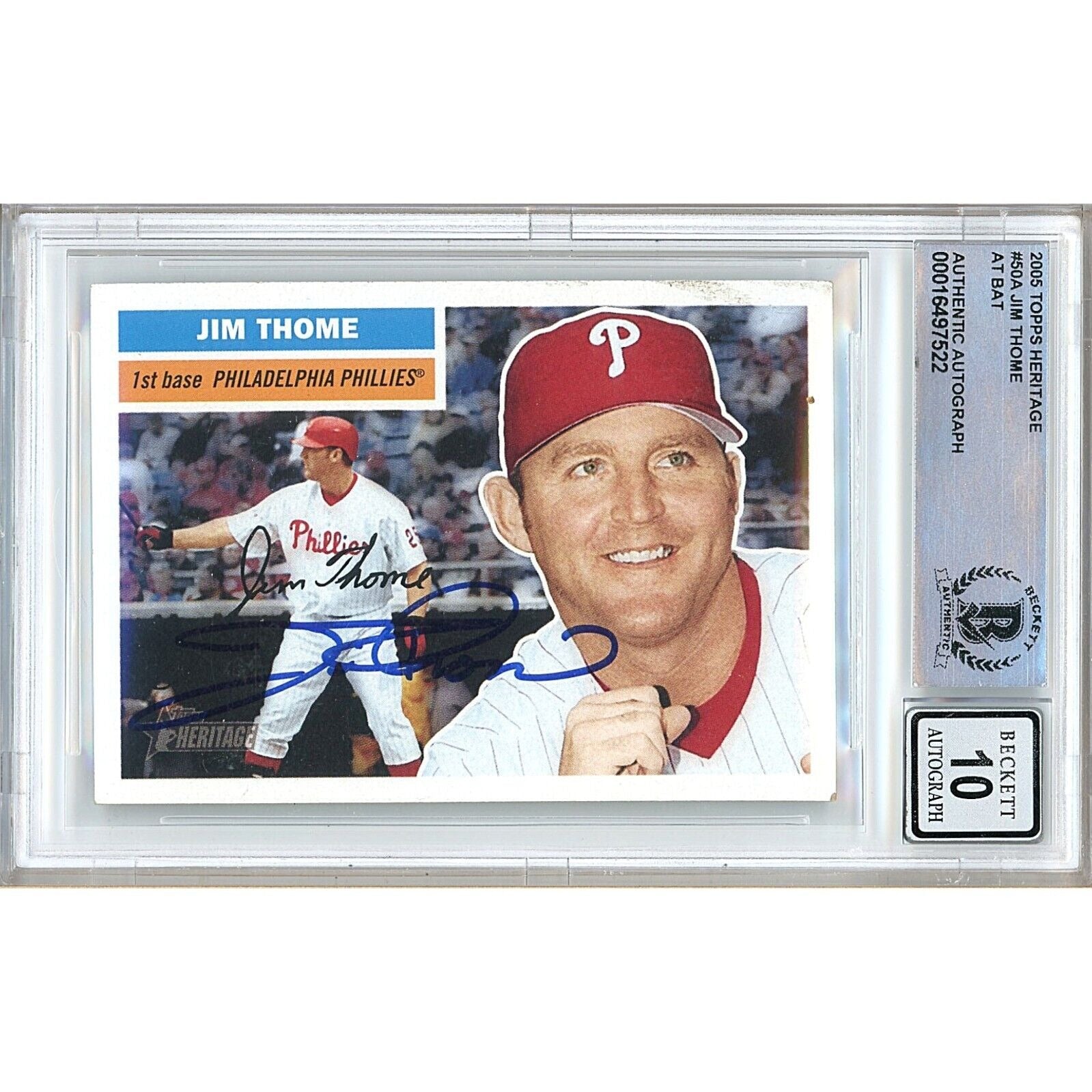 Baseballs- Autographed- Jim Thome Philadelphia Phillies Signed 2005 Topps Heritage Baseball Card Beckett Authentic BGS Auto-10 Graded Slab Front