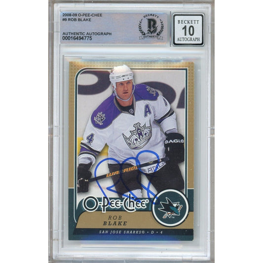 Hockey- Autographed- Rob Blake Los Angeles Kings Signed 2008-09 O-Pee-Chee Trading Card Beckett Authentic BGS Auto-10 Graded Slab Front