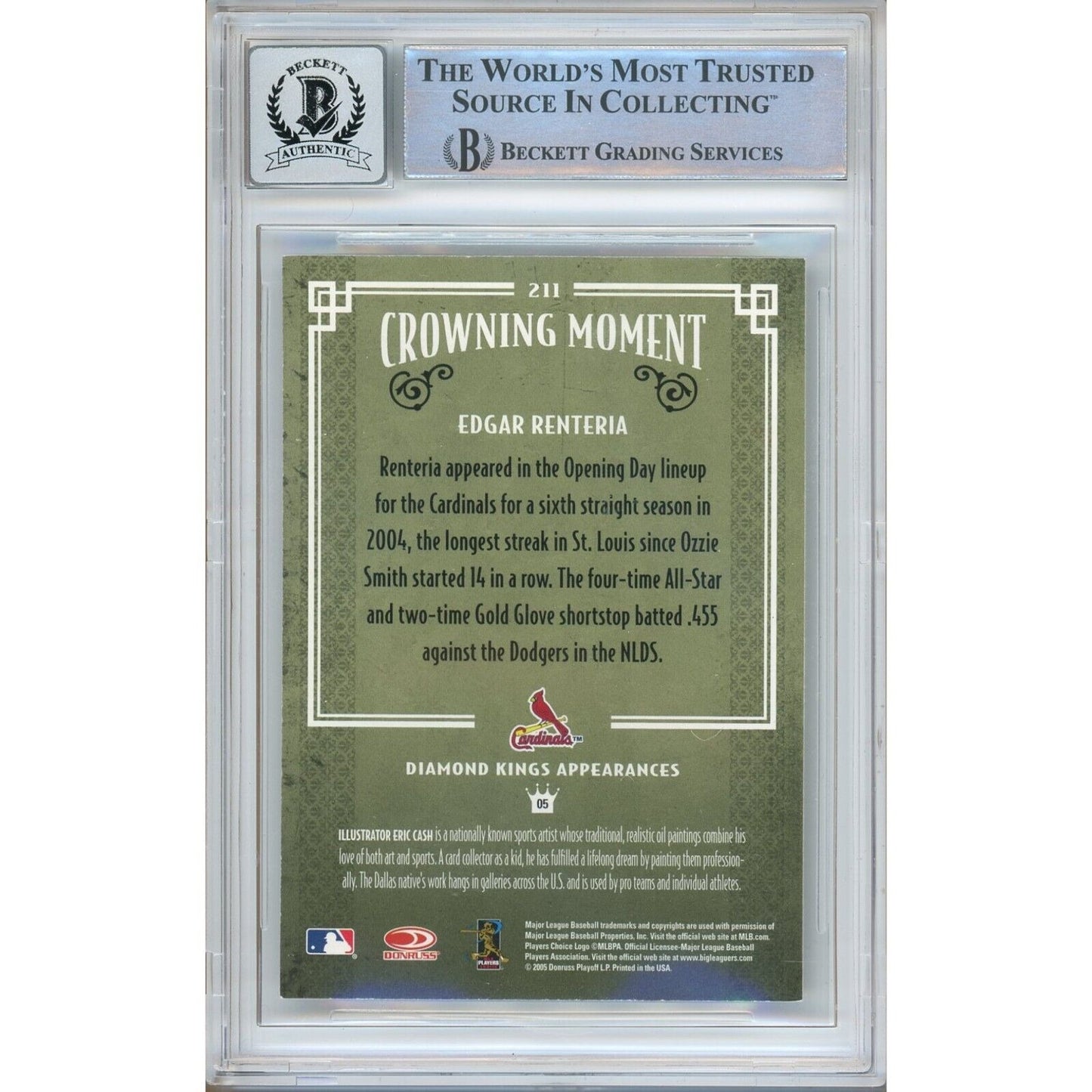 Baseballs- Autographed- Edgar Renteria St Louis Cardinals Signed 2005 Donruss Diamond Kings Baseball Card Beckett Authentic BGS Auto-10 Graded Slab Back