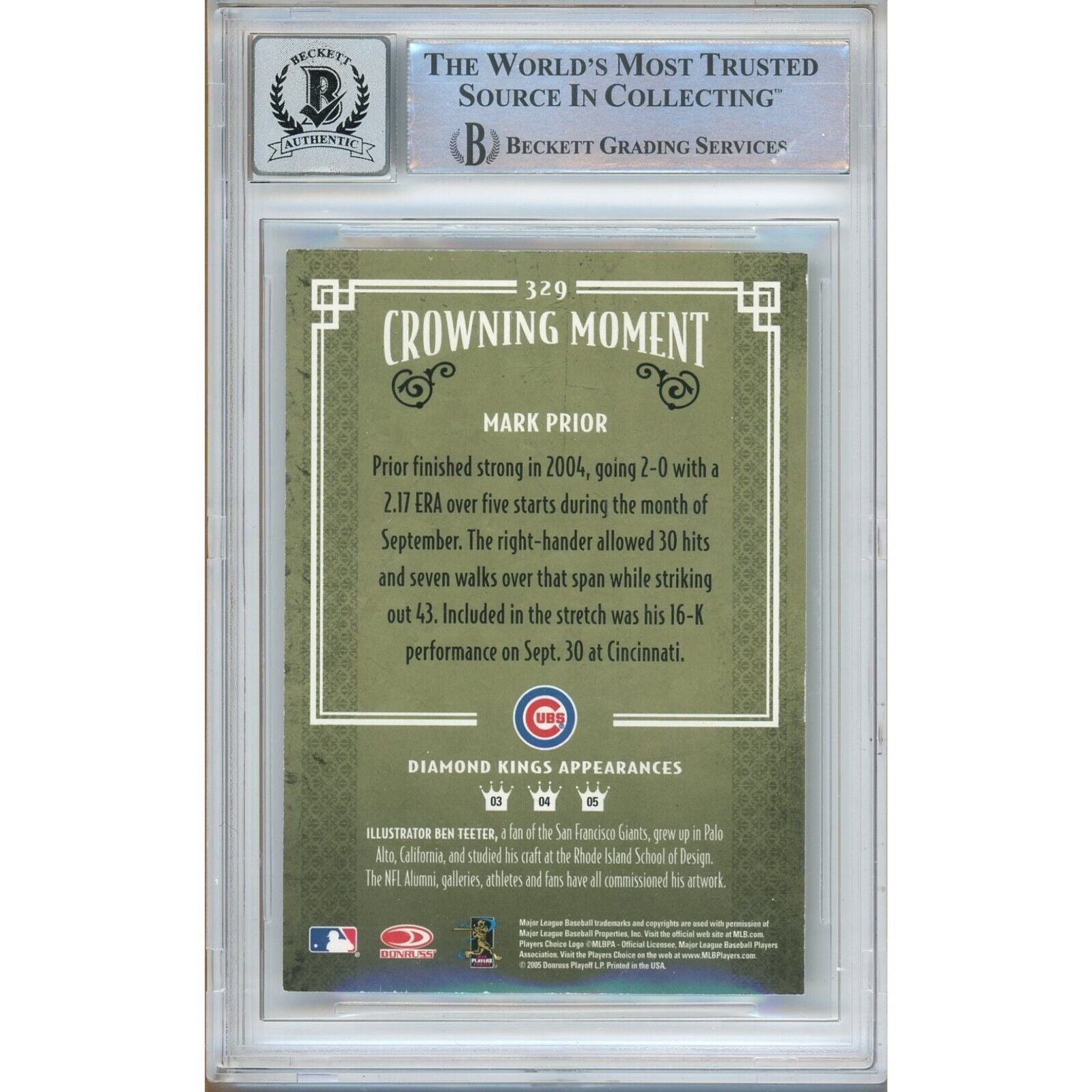 Baseballs- Autographed- Mark Prior Chicago Cubs Signed 2005 Donruss Diamond Kings Baseball Card Beckett Authentic BGS Auto-10 Graded Slab Back