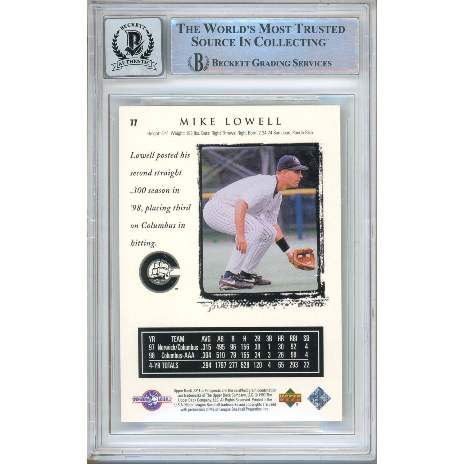 Baseballs- Autographed- Mike Lowell Boston Red Sox Signed 1998 Upper Deck SP Top Prospects Rookie Baseball Card Beckett Authentic BGS Auto-10 Graded Slab Back