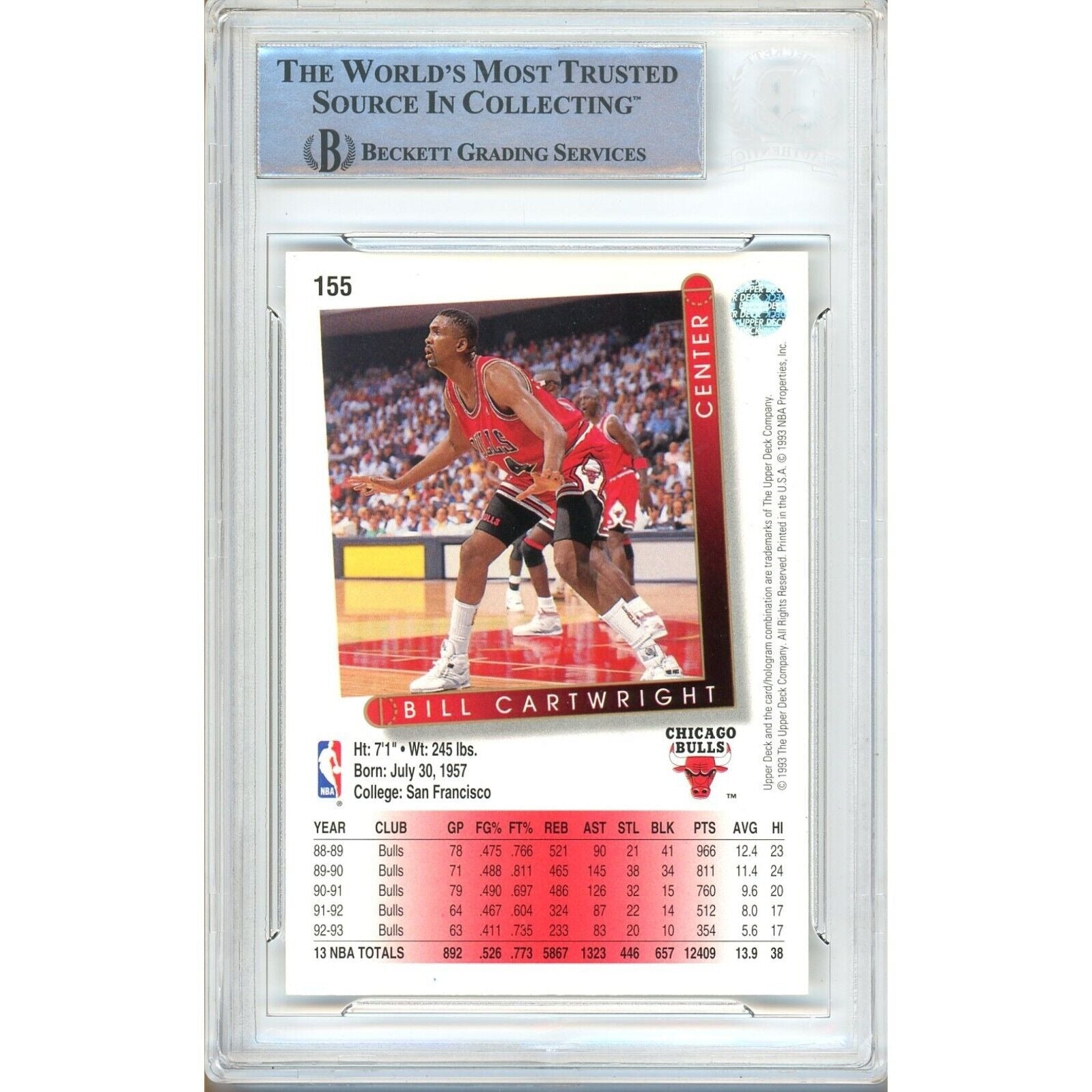 1993 Upper Deck #155 Bill Cartwright Chicago Bulls Signed Trading Card – Beckett BAS