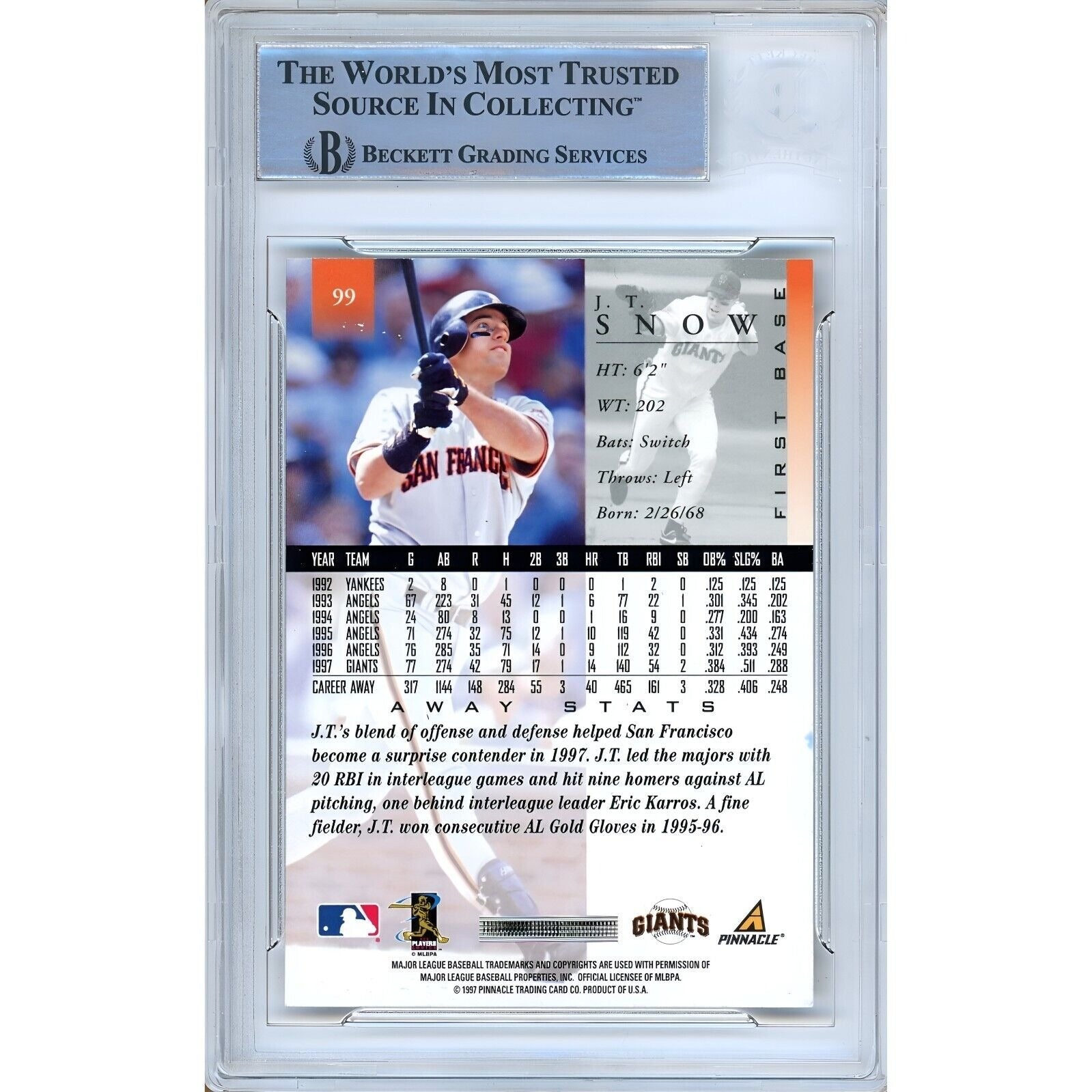 J.T. Snow San Francisco Giants signed trading card – signature close-up – Beckett COA