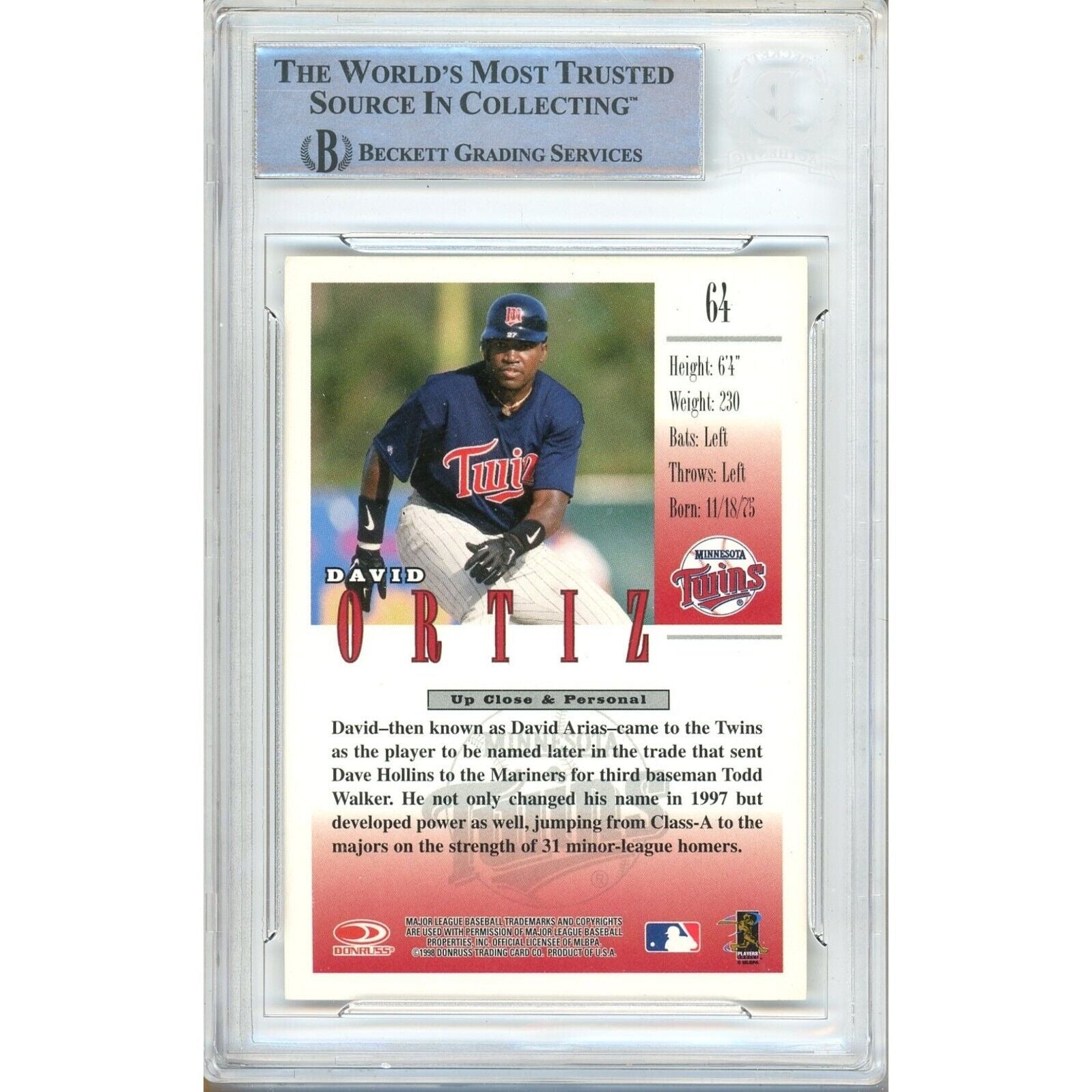 Baseballs- Autographed- David Ortiz Minnesota Twins Signed 1998 Donruss Studio Rookie Baseball Card Beckett Authentic Auto Slab Back