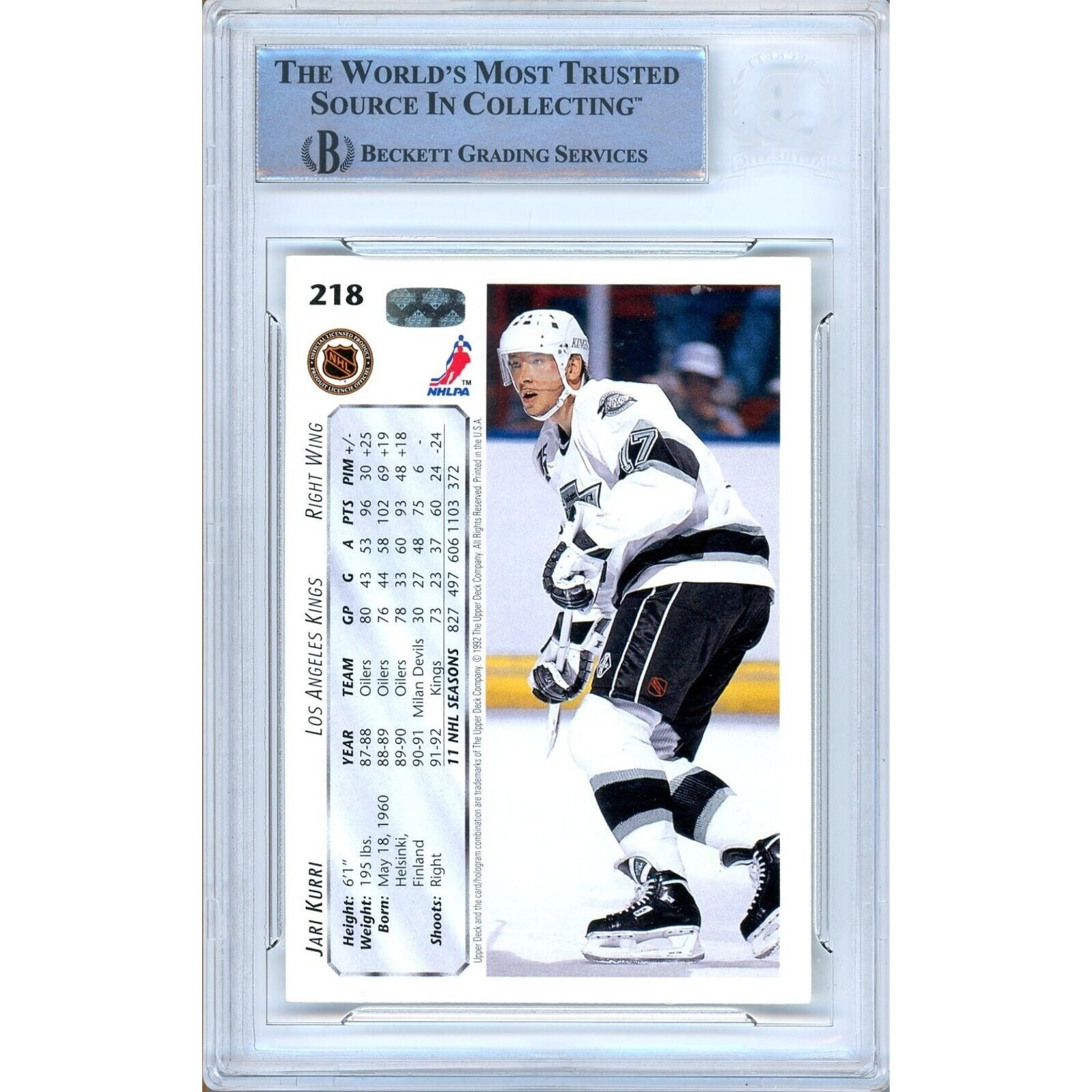 Hockey- Autographed- Jari Kurri Los Angeles Kings Signed 1992-93 Upper Deck Hockey Card Beckett Authentic Auto Slab Back