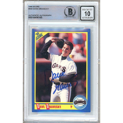 Baseballs- Autographed- Dave Dravecky San Francisco Giants Signed 1990 Score Baseball Card Beckett Authentic BGS Auto-10 Graded Slab Front