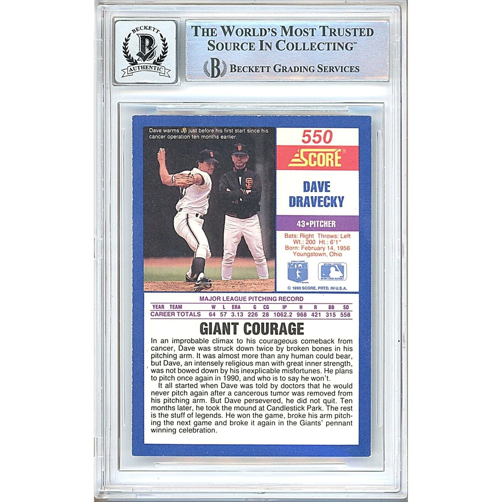 Baseballs- Autographed- Dave Dravecky San Francisco Giants Signed 1990 Score Baseball Card Beckett Authentic BGS Auto-10 Graded Slab Back