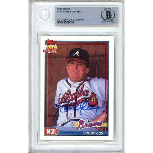 Baseballs- Autographed- Bobby Cox Atlanta Braves Signed 1991 Topps Baseball Card Beckett Authentic Auto Slab Front