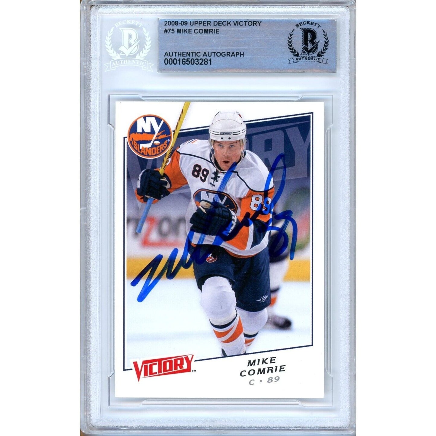 Hockey- Autographed- Mike Comrie New York Islanders Signed 2008-09 Upper Deck Victory Hockey Card Beckett Authentic Auto Slab Front