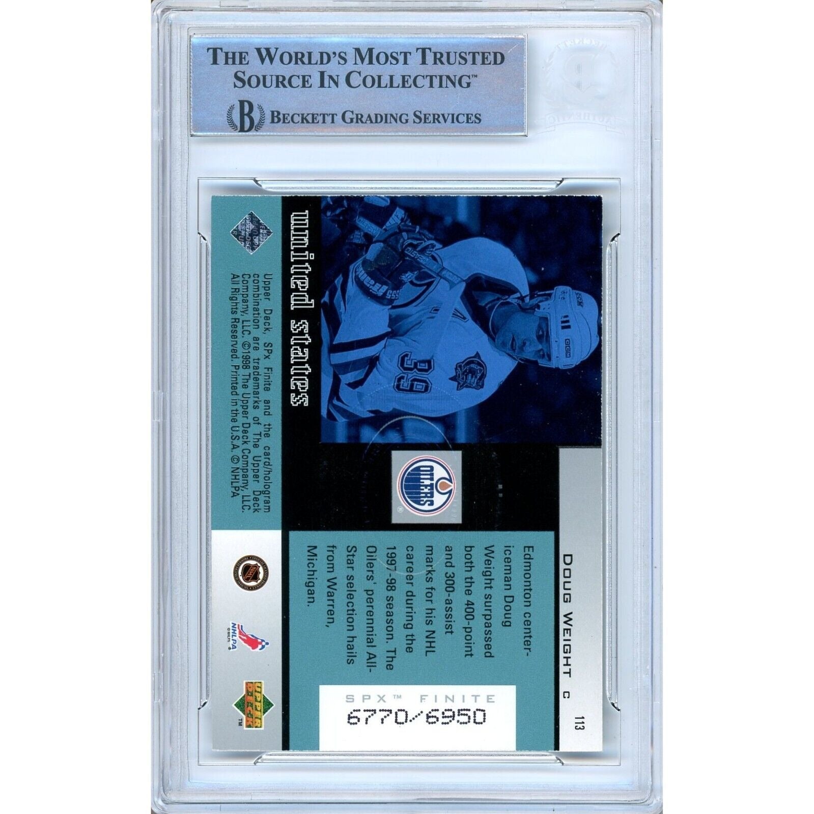 Hockey- Autographed- Doug Weight Edmonton Oilers Signed 1998-98 SPX Finite Hockey Card Beckett Authenticated Auto Slab Back