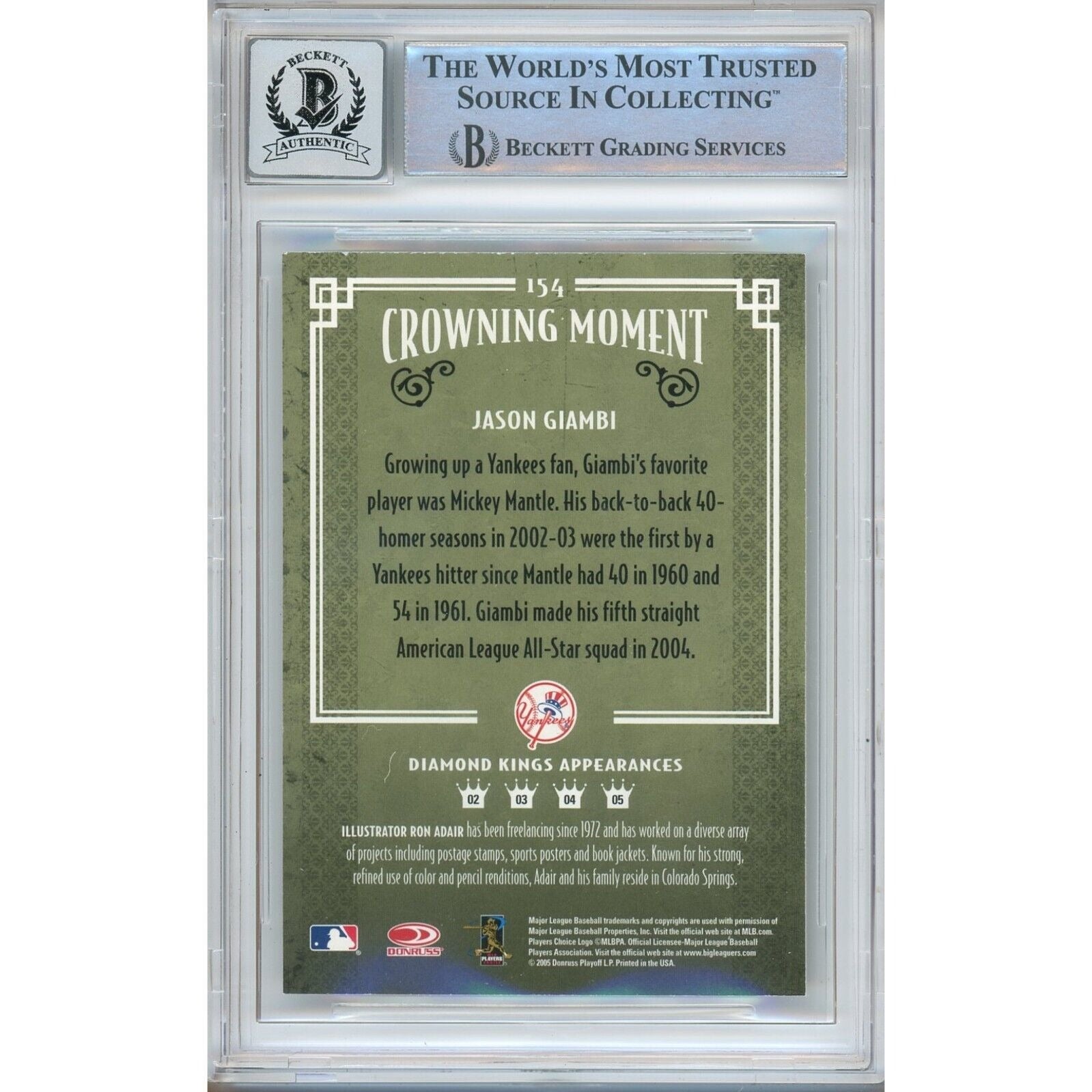 Baseballs- Autographed- Jason Giambi New York Yankees Signed 2005 Donruss Diamond Kings Baseball Card Beckett Authentic BGS Auto-10 Graded Slab Back