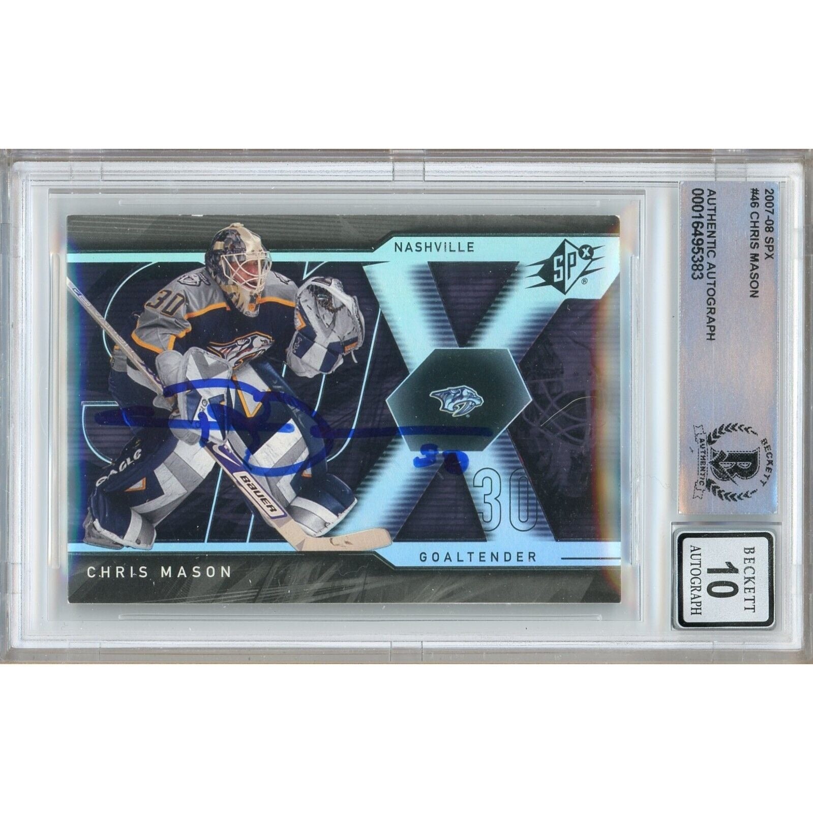 Hockey- Autographed- Chris Mason Nashville Predators Signed 2007-08 Upper Deck SPx Trading Card Beckett Authentic BGS Auto-10 Graded Slab Front