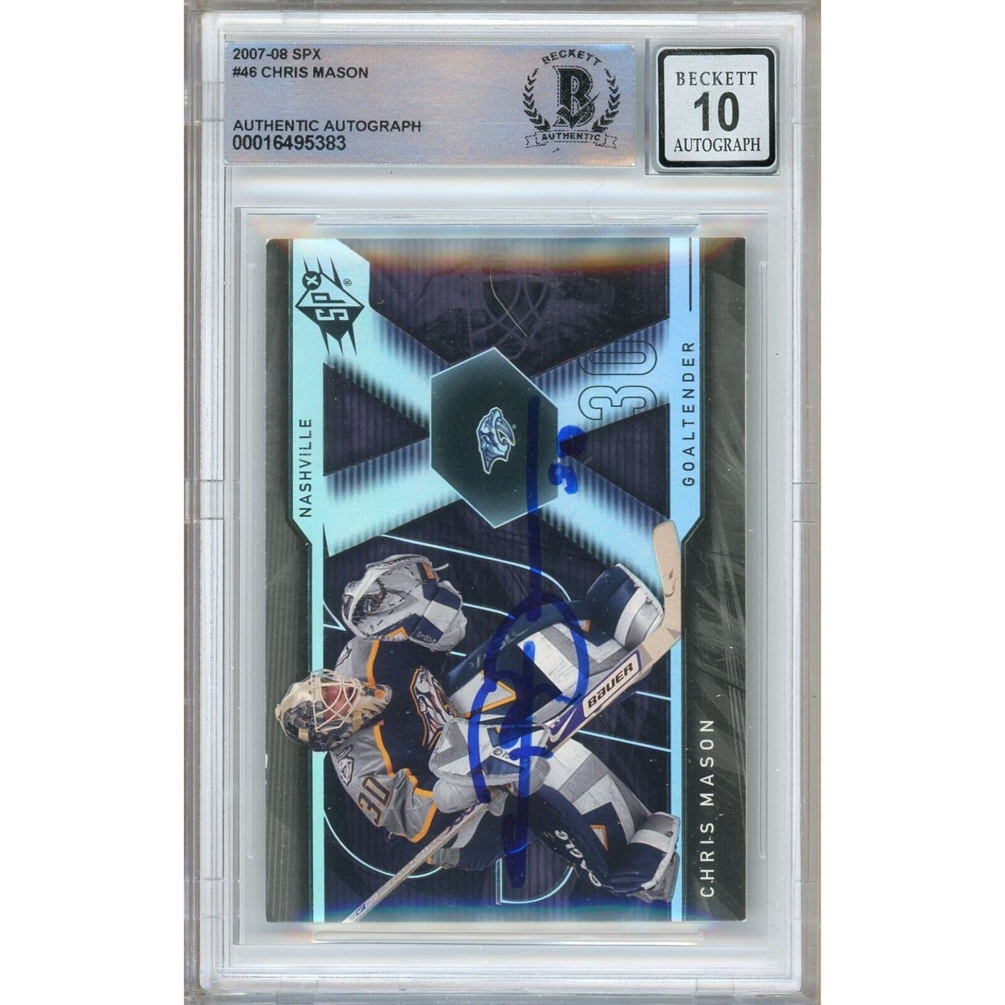 Hockey- Autographed- Chris Mason Nashville Predators Signed 2007-08 Upper Deck SPx Trading Card Beckett Authenticated BGS Auto-10 Graded Slab Front