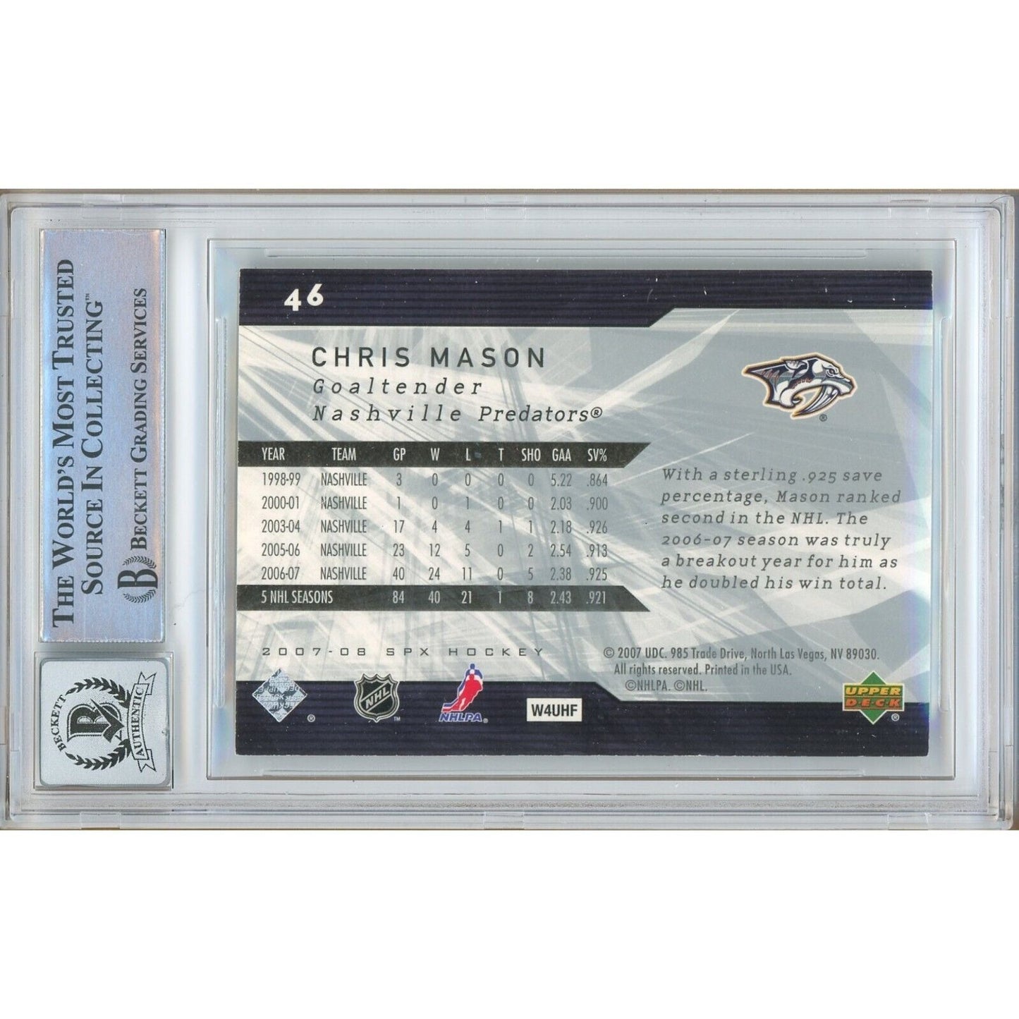 Hockey- Autographed- Chris Mason Nashville Predators Signed 2007-08 Upper Deck SPx Trading Card Beckett Authentic BGS Auto-10 Graded Slab Back