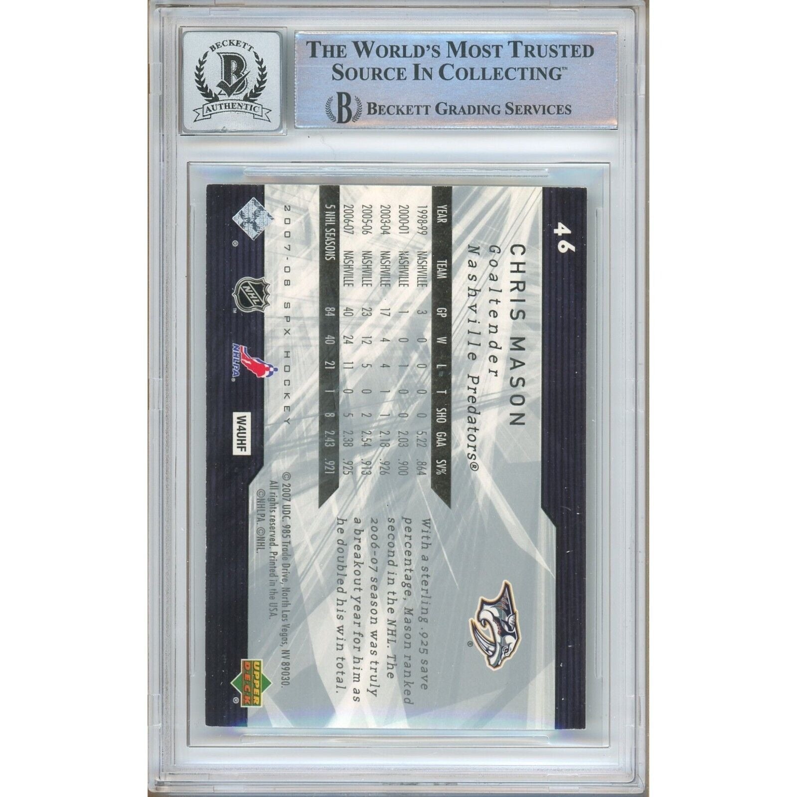 2007 Upper Deck #46 Chris Mason Nashville Predators Auto Trading Card – Beckett BAS