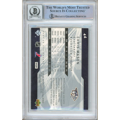 Hockey- Autographed- Chris Mason Nashville Predators Signed 2007-08 Upper Deck SPx Trading Card Beckett Authenticated BGS Auto-10 Graded Slab Back