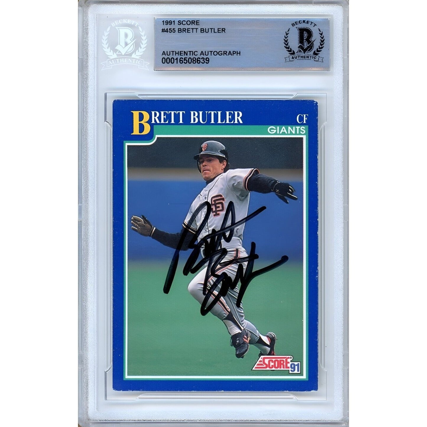 Baseballs- Autographed- Brett Butler San Francisco Giants Signed 1991 Score Baseball Card Beckett Authentic Auto Slab Front