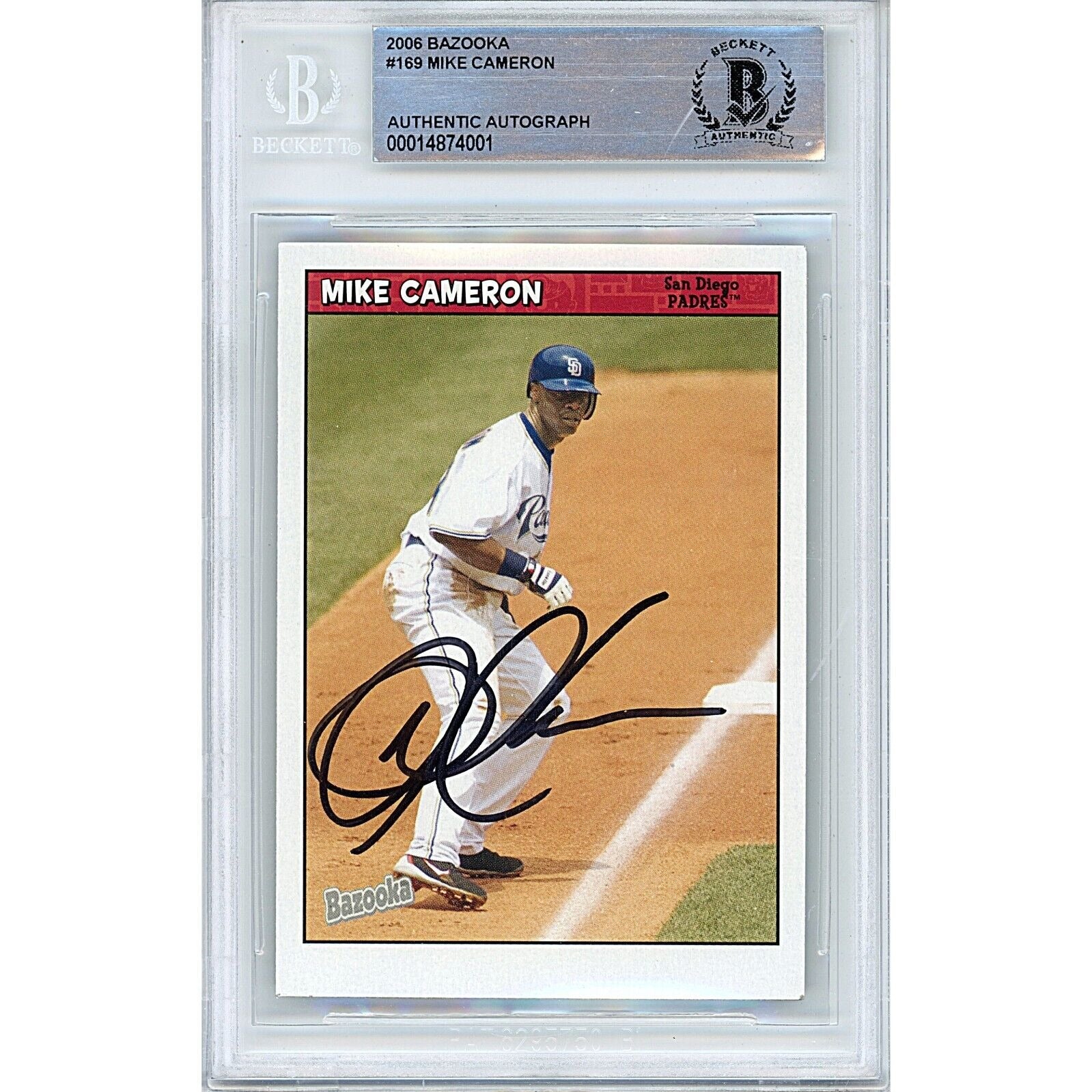 Baseballs- Autographed- Mike Cameron San Diego Padres Signed 2006 Topps Bazooka Baseball Card Beckett Authentic Auto Slab Front