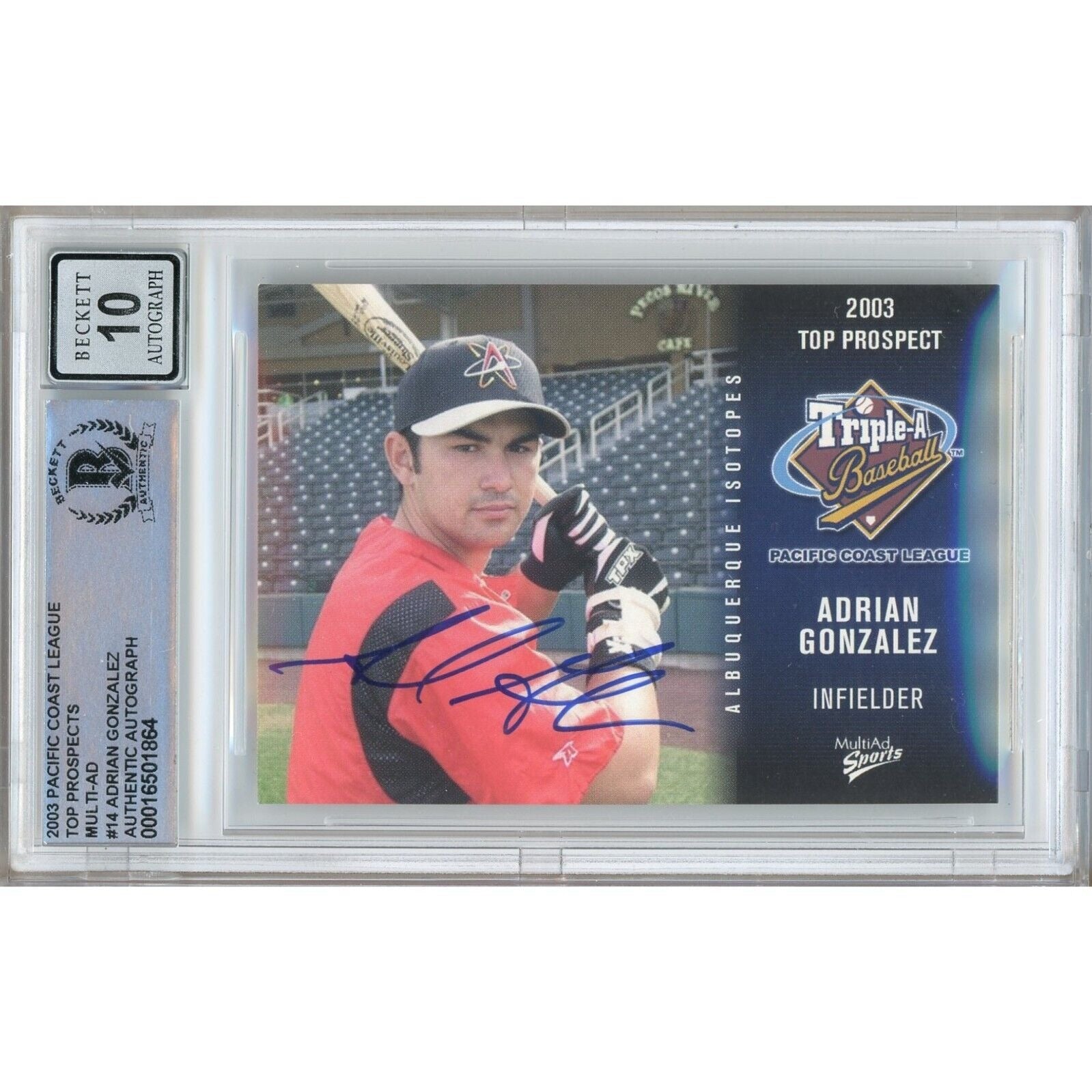 Baseballs- Autographed- Adrian Gonzalez Signed 2003 Pacific Coast League Top Prospects Minor League Rookie Card Beckett Authenticated BGS Auto-10 Graded Slab Front