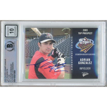 Baseballs- Autographed- Adrian Gonzalez Signed 2003 Pacific Coast League Top Prospects Minor League Rookie Card Beckett Authenticated BGS Auto-10 Graded Slab Front