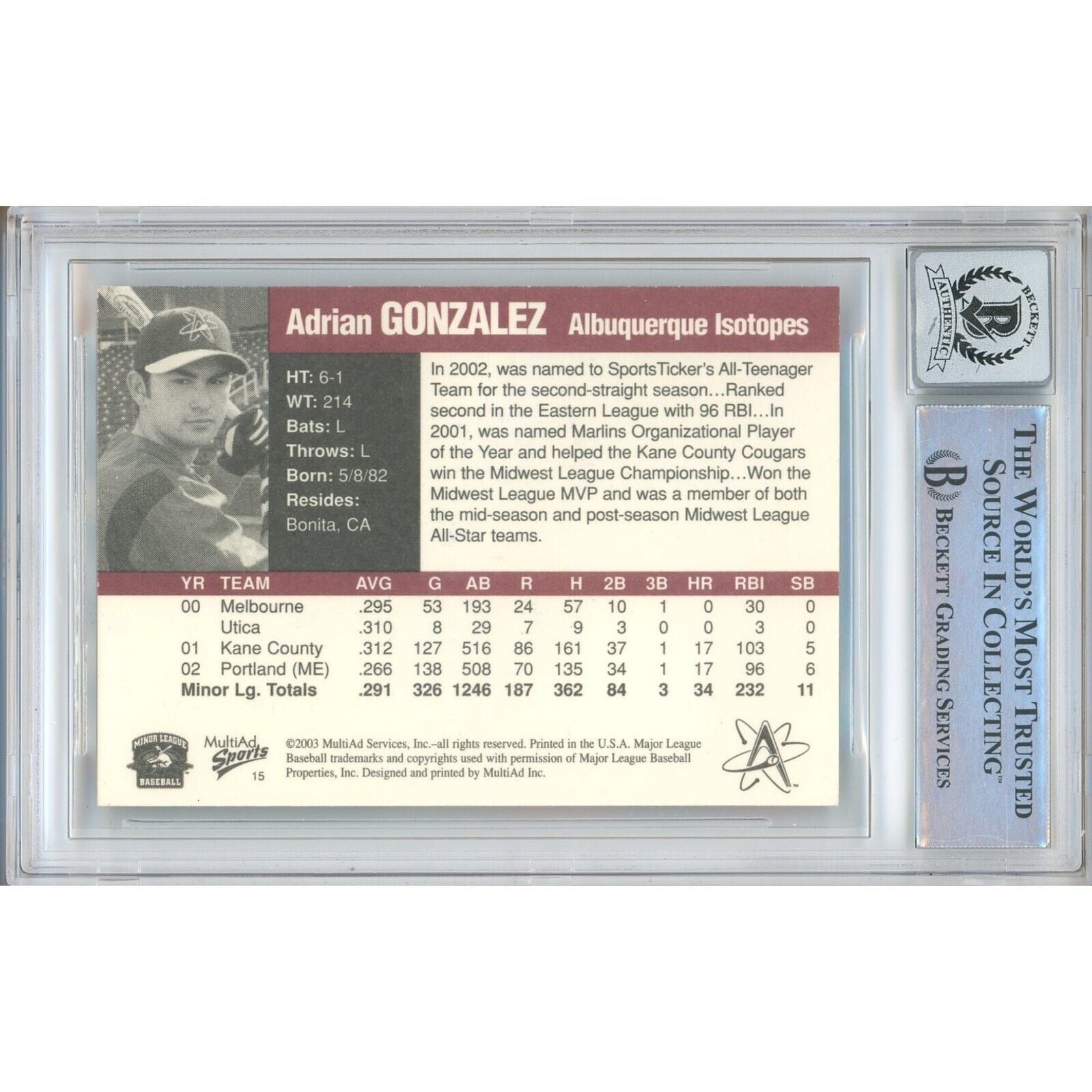 2003 Adrian Gonzalez Autograph Trading Card – Beckett BAS