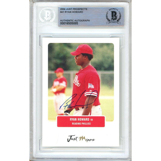 Baseballs- Autographed- Ryan Howard Philadelphia Phillies Signed 2004 Just Minors Prospects Rookie Trading Card Beckett Authentic Auto Slab Front