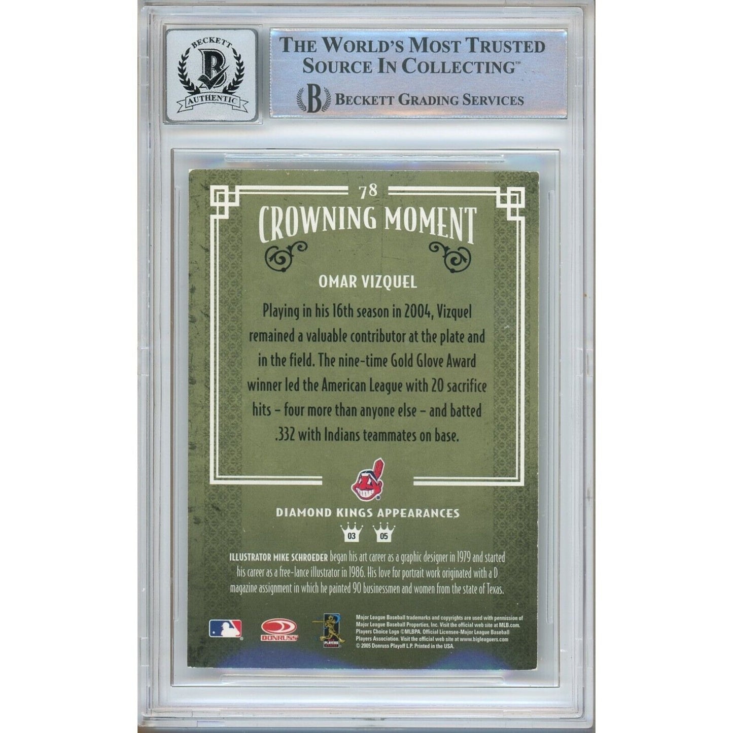 Baseballs- Autographed- Omar Vizquel Cleveland Indians Signed 2005 Donruss Diamond Kings Baseball Card Beckett Authentic BGS Auto-10 Graded Slab Back