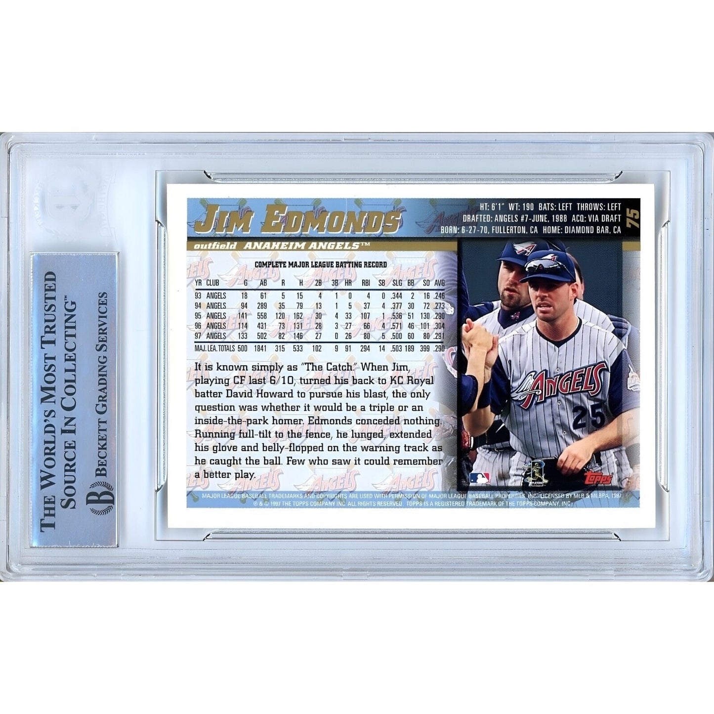 Baseballs- Autographed- Jim Edmonds Anaheim Angels Signed 1998 Topps Baseball Card Beckett Authentic Auto Slab Back