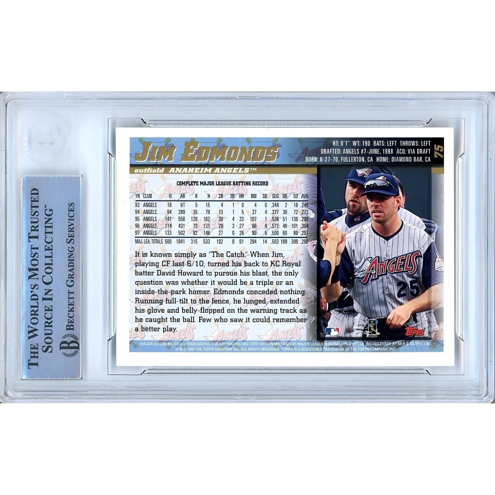 Baseballs- Autographed- Jim Edmonds Anaheim Angels Signed 1998 Topps Baseball Card Beckett Authentic Auto Slab Back