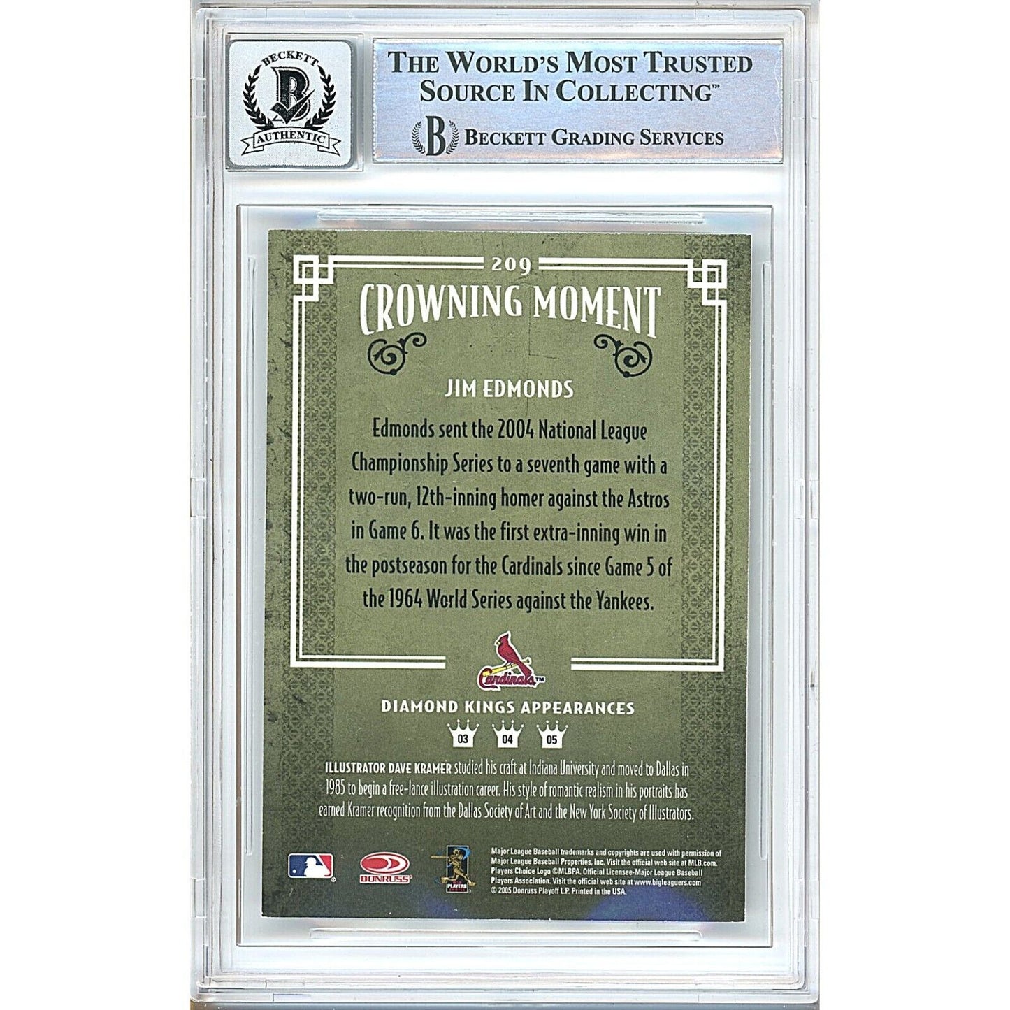 Baseballs- Autographed- Jim Edmonds St Louis Cardinals Signed 2005 Donruss Diamond Kings Baseball Card Beckett Authentic BGS Auto-10 Graded Slab Back