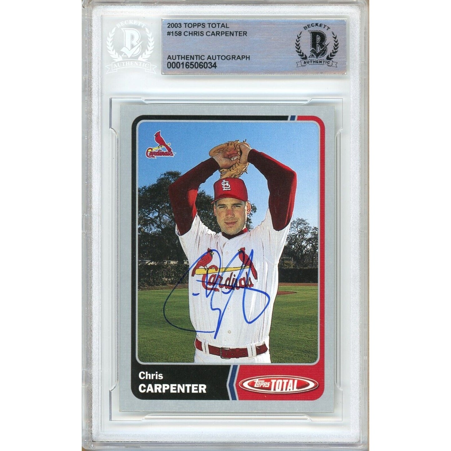 Baseballs- Autographed- Chris Carpenter St Louis Cardinals Signed 2003 Topps Total Baseball Card Beckett Authentic Auto Slab Front