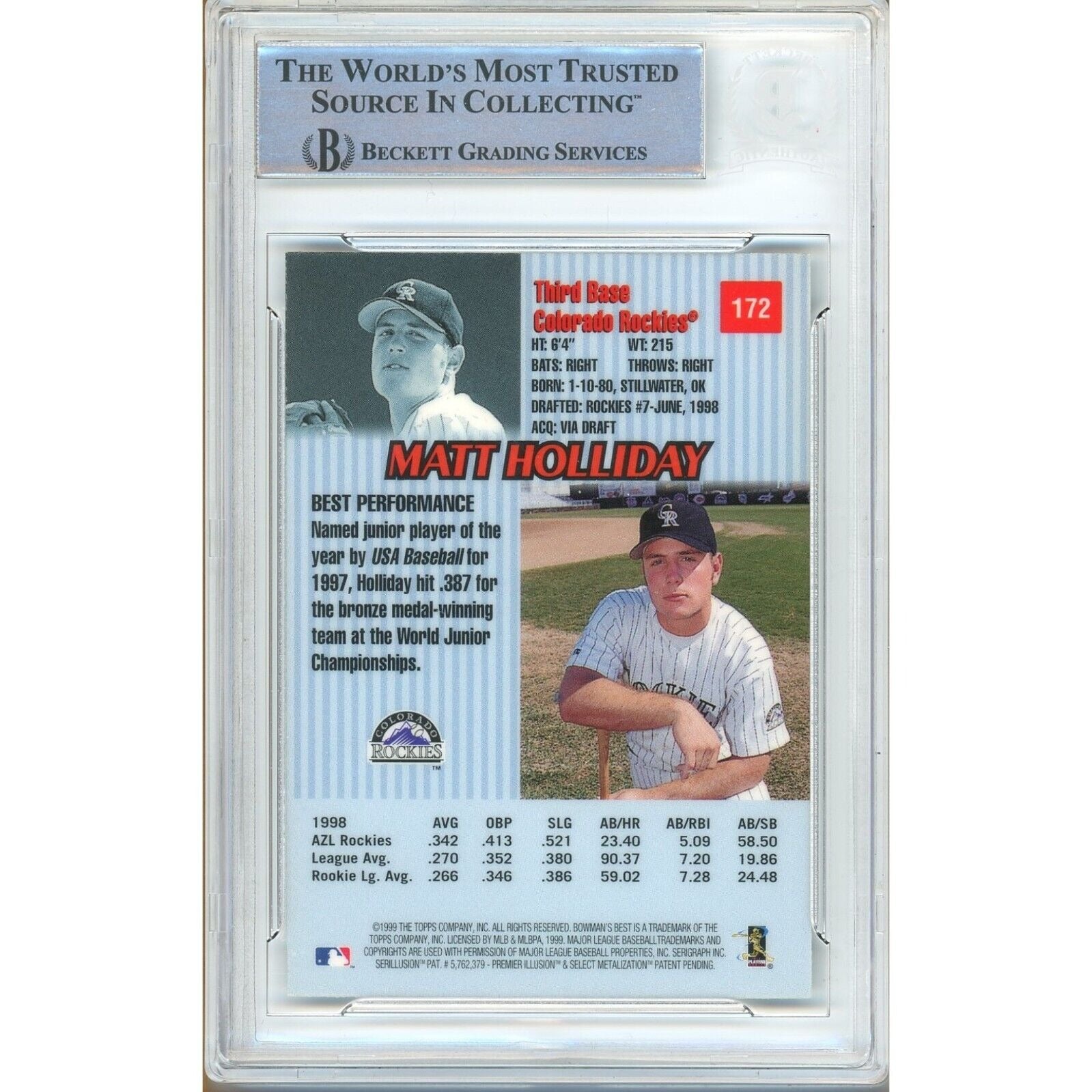 Baseballs- Autographed- Matt Holliday Colorado Rockies Signed 1999 Bowmans Best Rookie Baseball Card Beckett Authentic Auto Slab Back